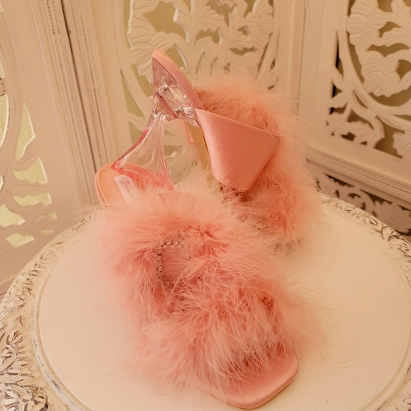 LADY HELENA" Blush Feather Crystal Satin Clear Heel Mules - Picture 6 of 7